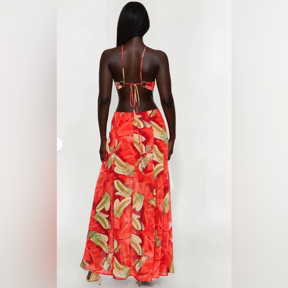 Red Tropical Print Maxi Set
